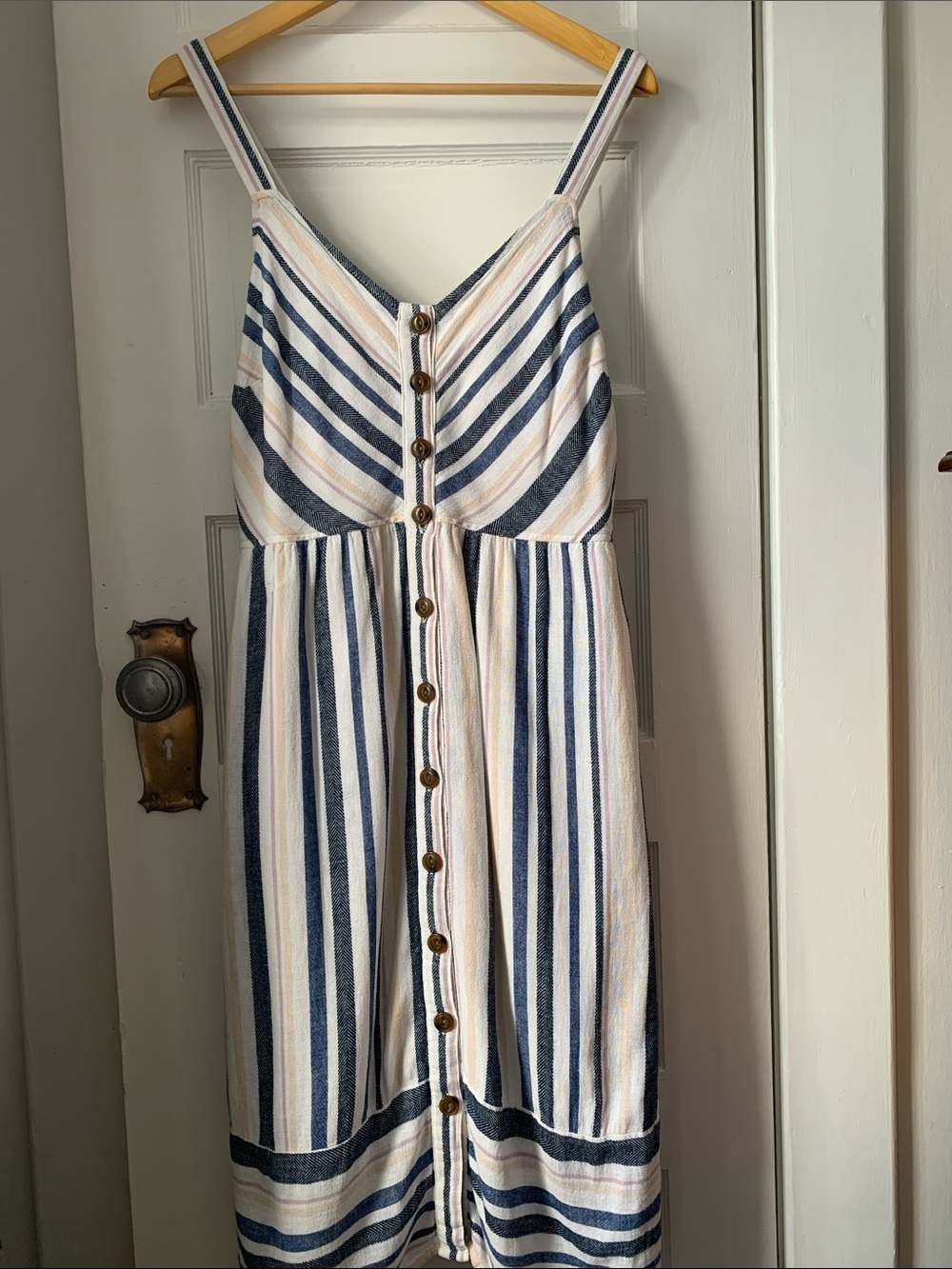 Linen blend, striped Button-Front Sleeveless Sundress - Blue & Cream